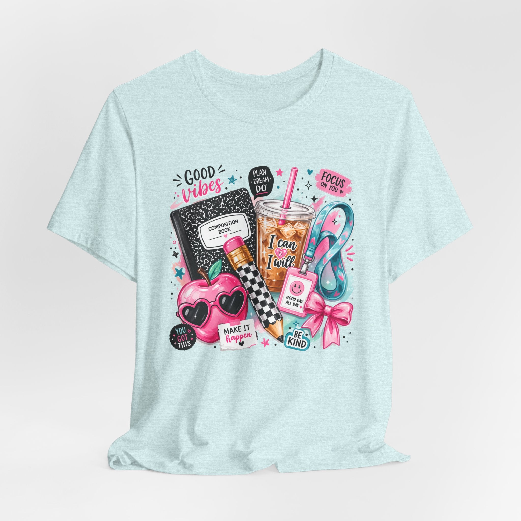 Teacher Good Vibes Cute Pastel Sticker Collage T-Shirt | Coffee, Headphones, Journal | Back to School
