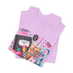 Teacher Good Vibes Cute Pastel Sticker Collage T-Shirt | Coffee, Headphones, Journal | Back to School