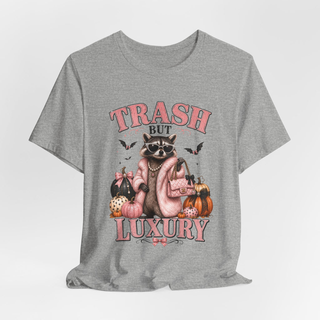 Trash But Luxury Raccoon Tee — Halloween Graphic T-Shirt with Pumpkins & Bats