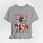 Trash But Luxury Raccoon Tee — Halloween Graphic T-Shirt with Pumpkins & Bats