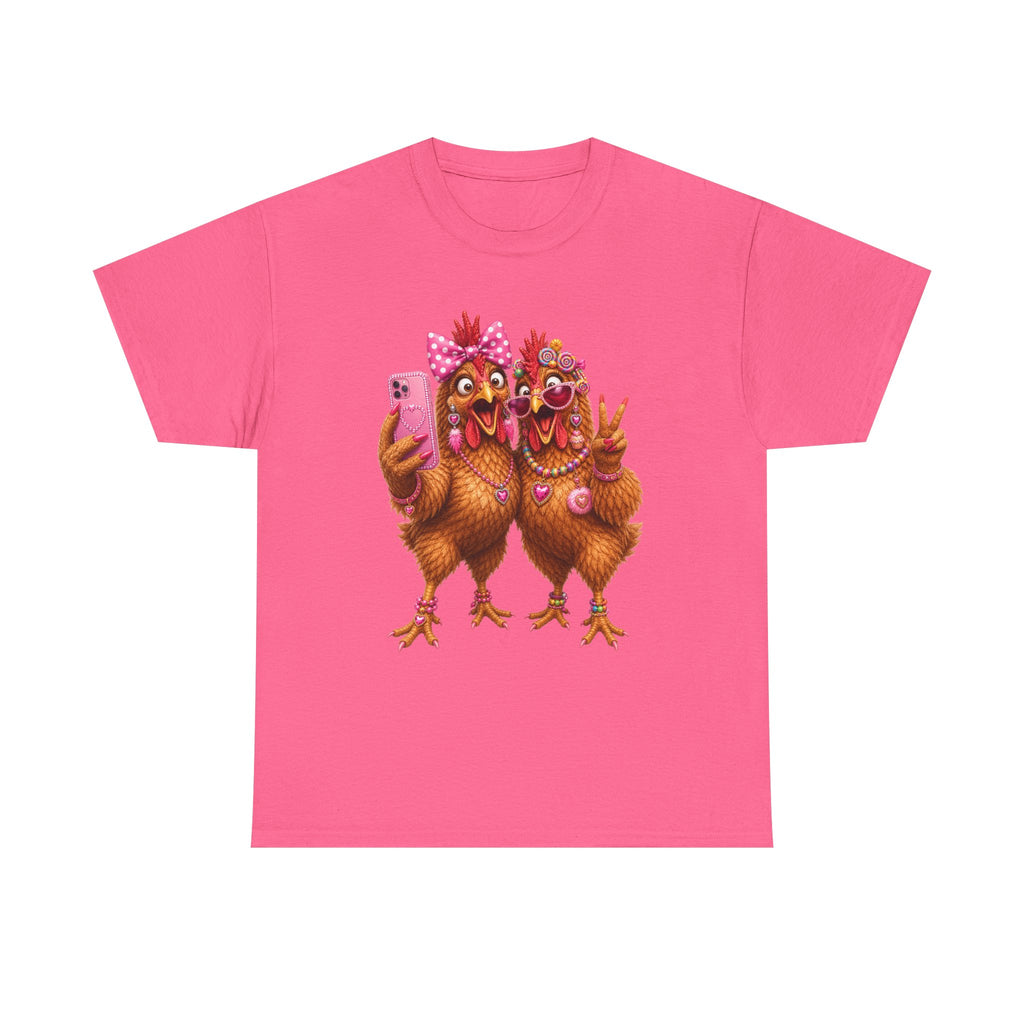 Two Chickens Taking Selfie T-Shirt | Funny Poultry Illustration