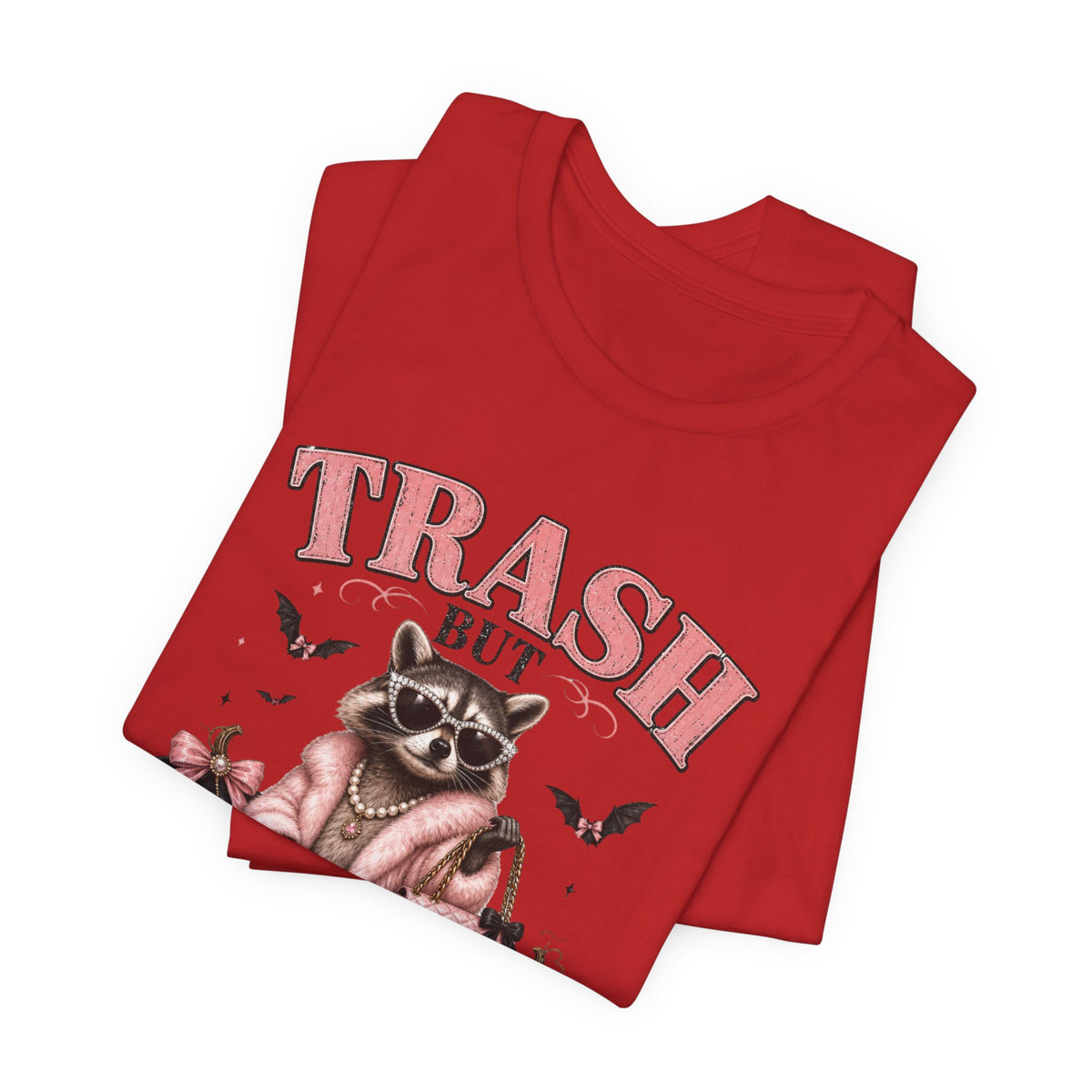 Trash But Luxury Raccoon Tee — Halloween Graphic T-Shirt with Pumpkins & Bats