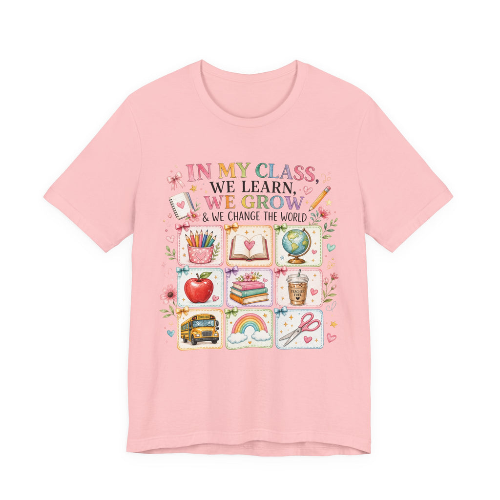In My Class We Learn We Grow Teacher Illustration T-Shirt | School Icons