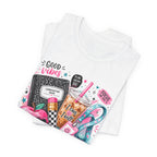 Teacher Good Vibes Cute Pastel Sticker Collage T-Shirt | Coffee, Headphones, Journal | Back to School