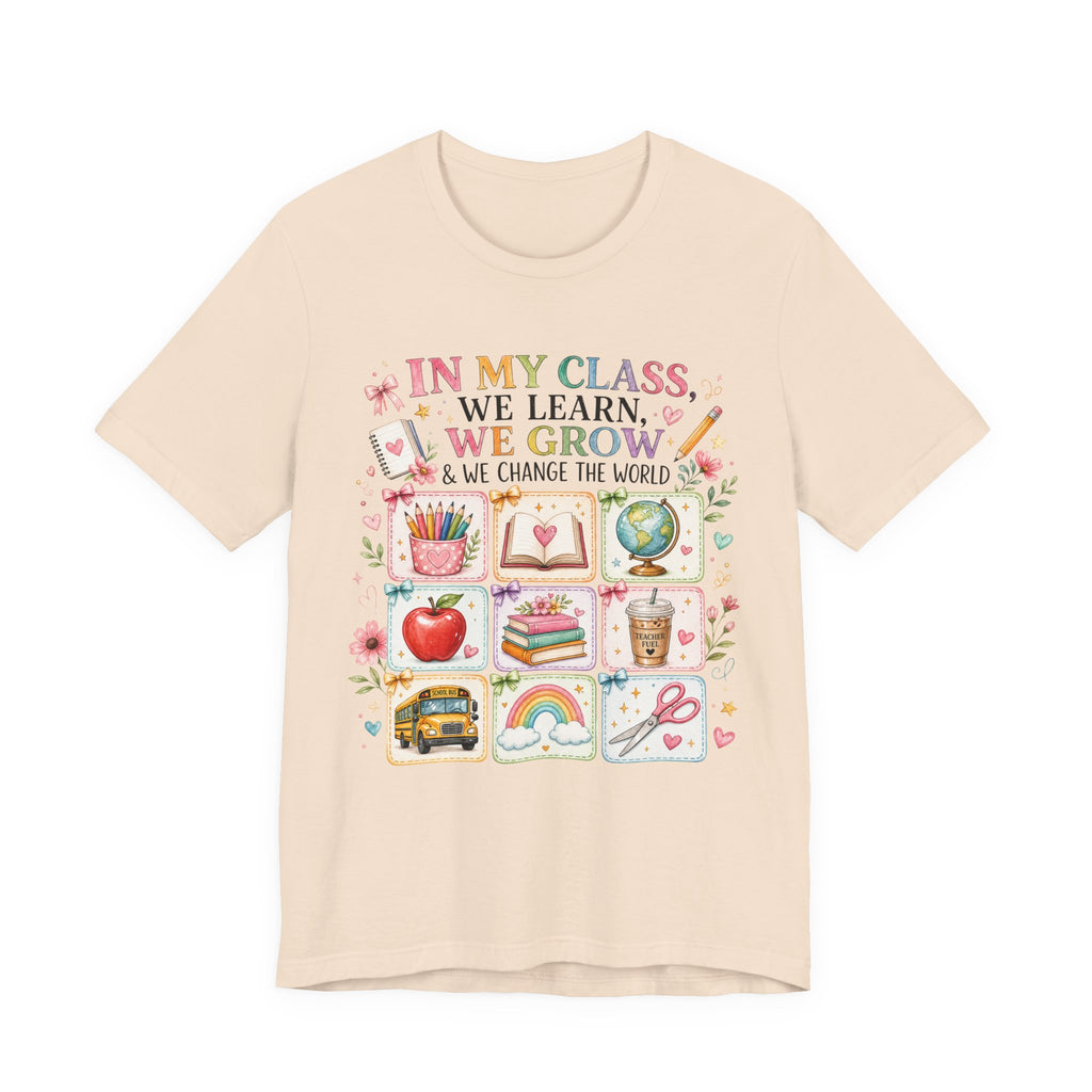 In My Class We Learn We Grow Teacher Illustration T-Shirt | School Icons