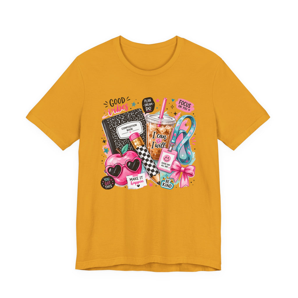 Teacher Good Vibes Cute Pastel Sticker Collage T-Shirt | Coffee, Headphones, Journal | Back to School