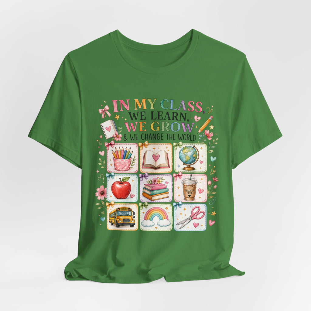 In My Class We Learn We Grow Teacher Illustration T-Shirt | School Icons