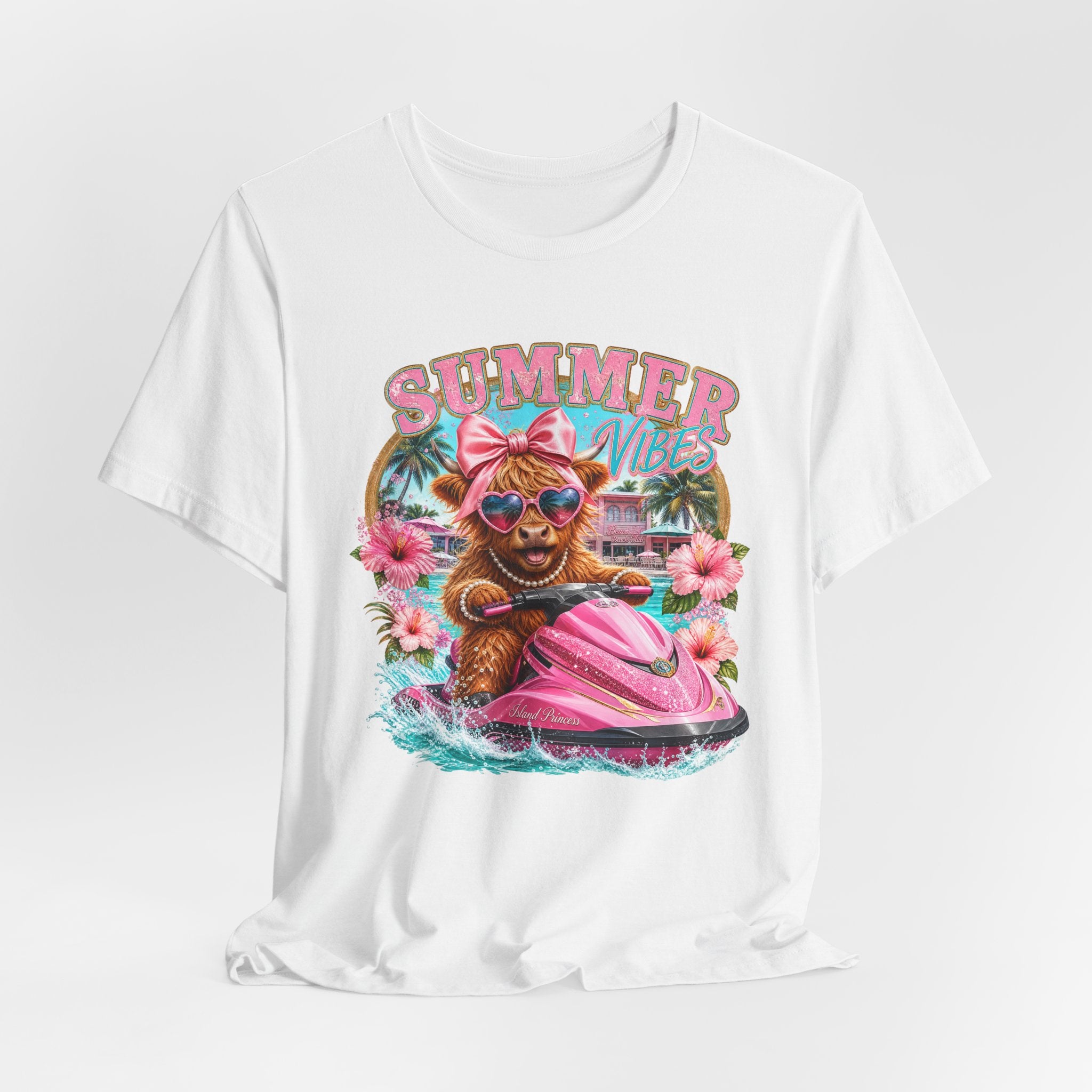 Summer Vibes Cow on Jet Ski T-Shirt | Cute Tropical Floral Beach Design