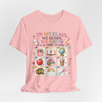 In My Class We Learn We Grow Teacher Illustration T-Shirt | School Icons