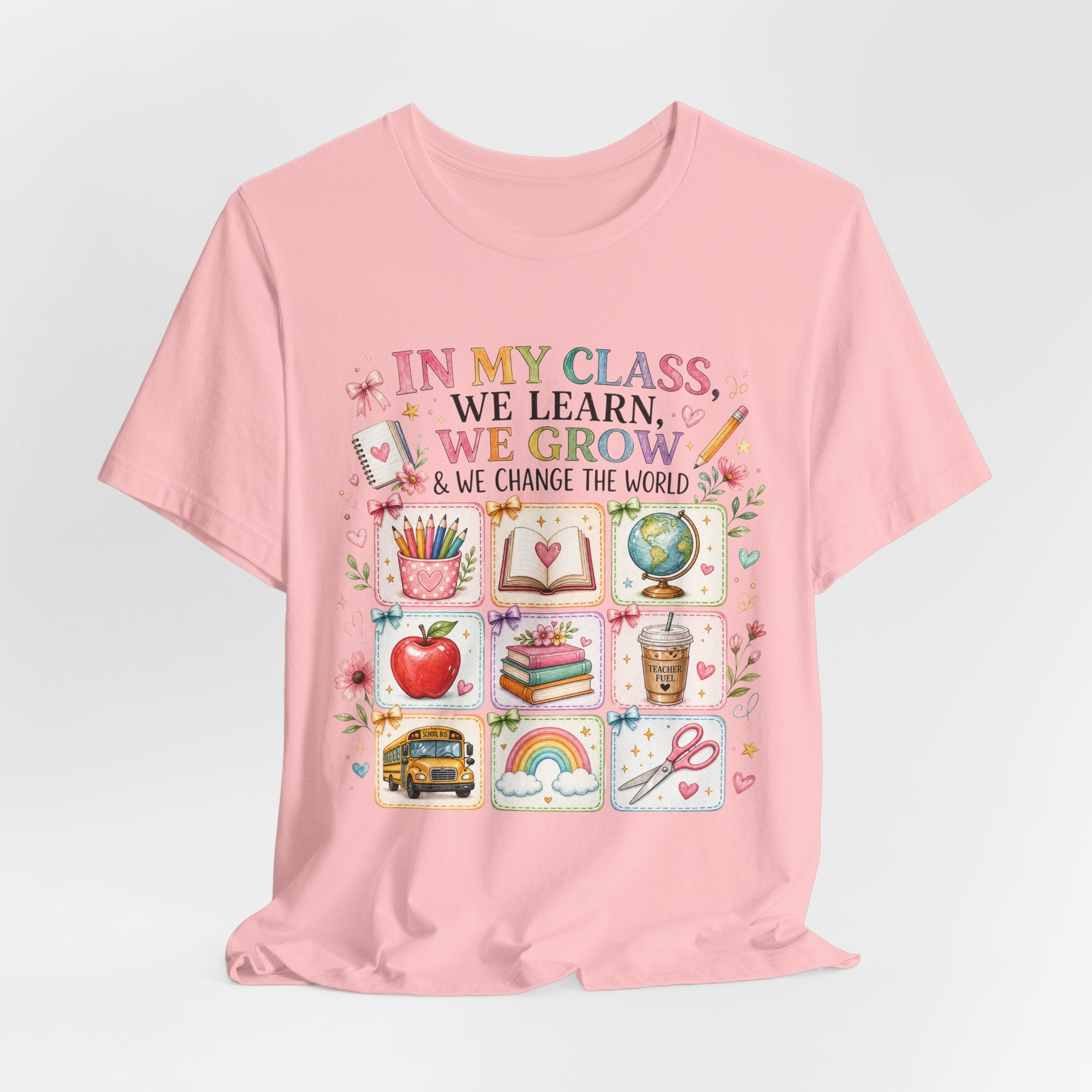 In My Class We Learn We Grow Teacher Illustration T-Shirt | School Icons