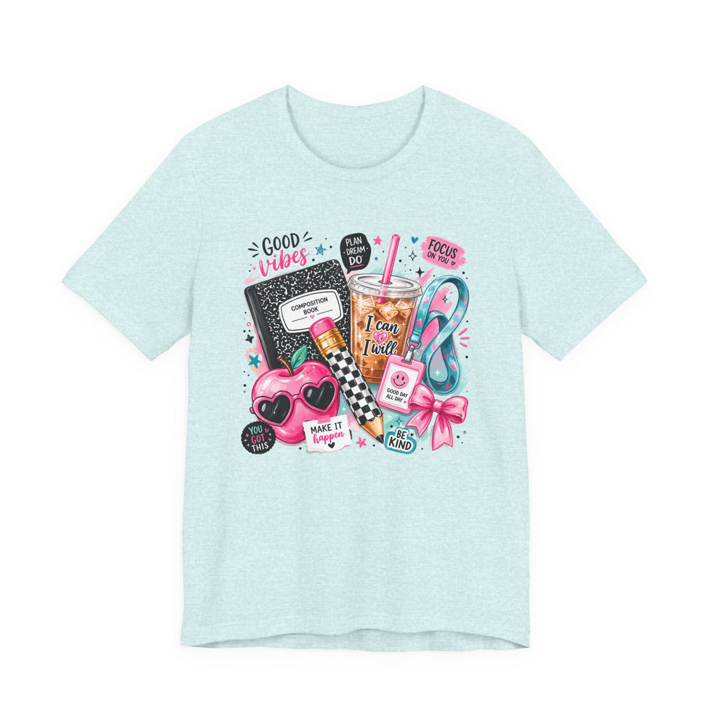 Teacher Good Vibes Cute Pastel Sticker Collage T-Shirt | Coffee, Headphones, Journal | Back to School