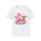 Leopard Cat on Flamingo Float T-Shirt | Tropical Palm Beach Summer Vibes