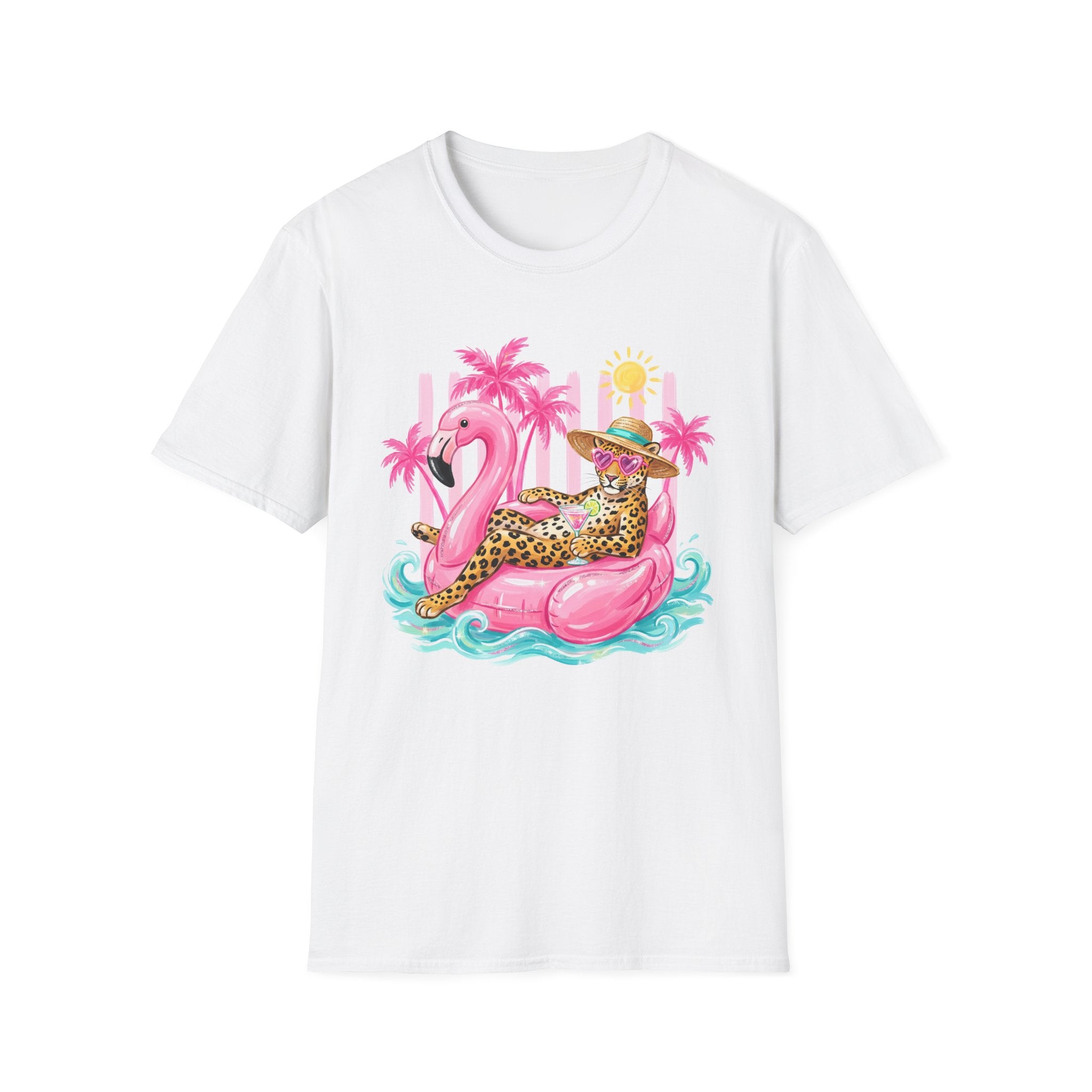 Leopard Cat on Flamingo Float T-Shirt | Tropical Palm Beach Summer Vibes