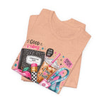 Teacher Good Vibes Cute Pastel Sticker Collage T-Shirt | Coffee, Headphones, Journal | Back to School