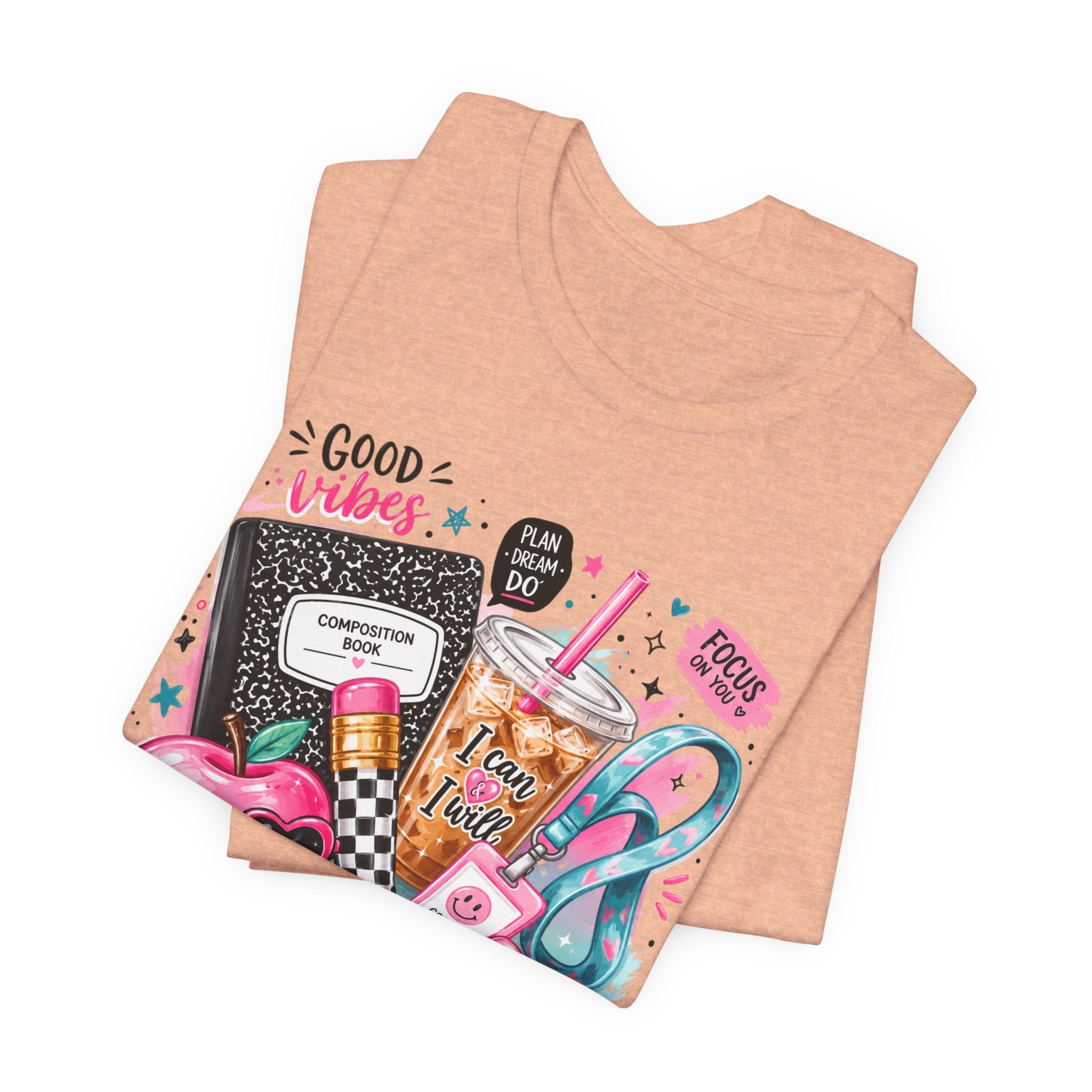 Teacher Good Vibes Cute Pastel Sticker Collage T-Shirt | Coffee, Headphones, Journal | Back to School
