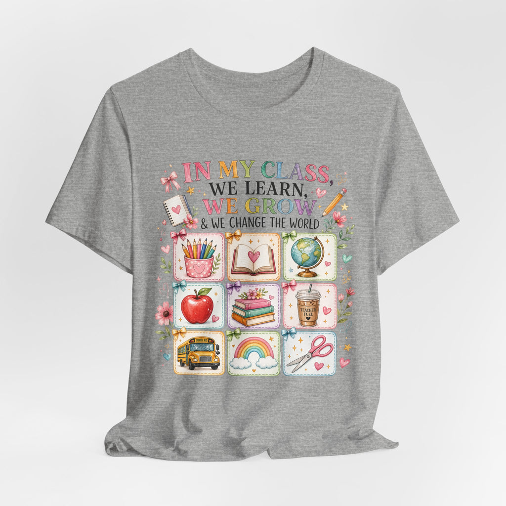 In My Class We Learn We Grow Teacher Illustration T-Shirt | School Icons