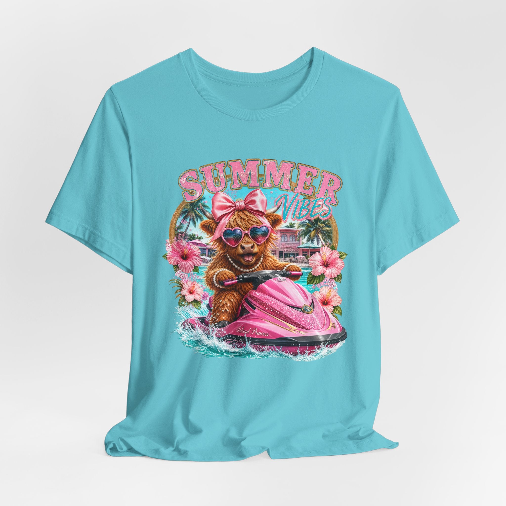 Summer Vibes Cow on Jet Ski T-Shirt | Cute Tropical Floral Beach Design