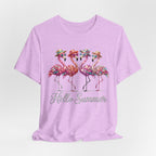 Hello Summer Flamingos T-Shirt | Pink Flamingo Beach Graphic Tee