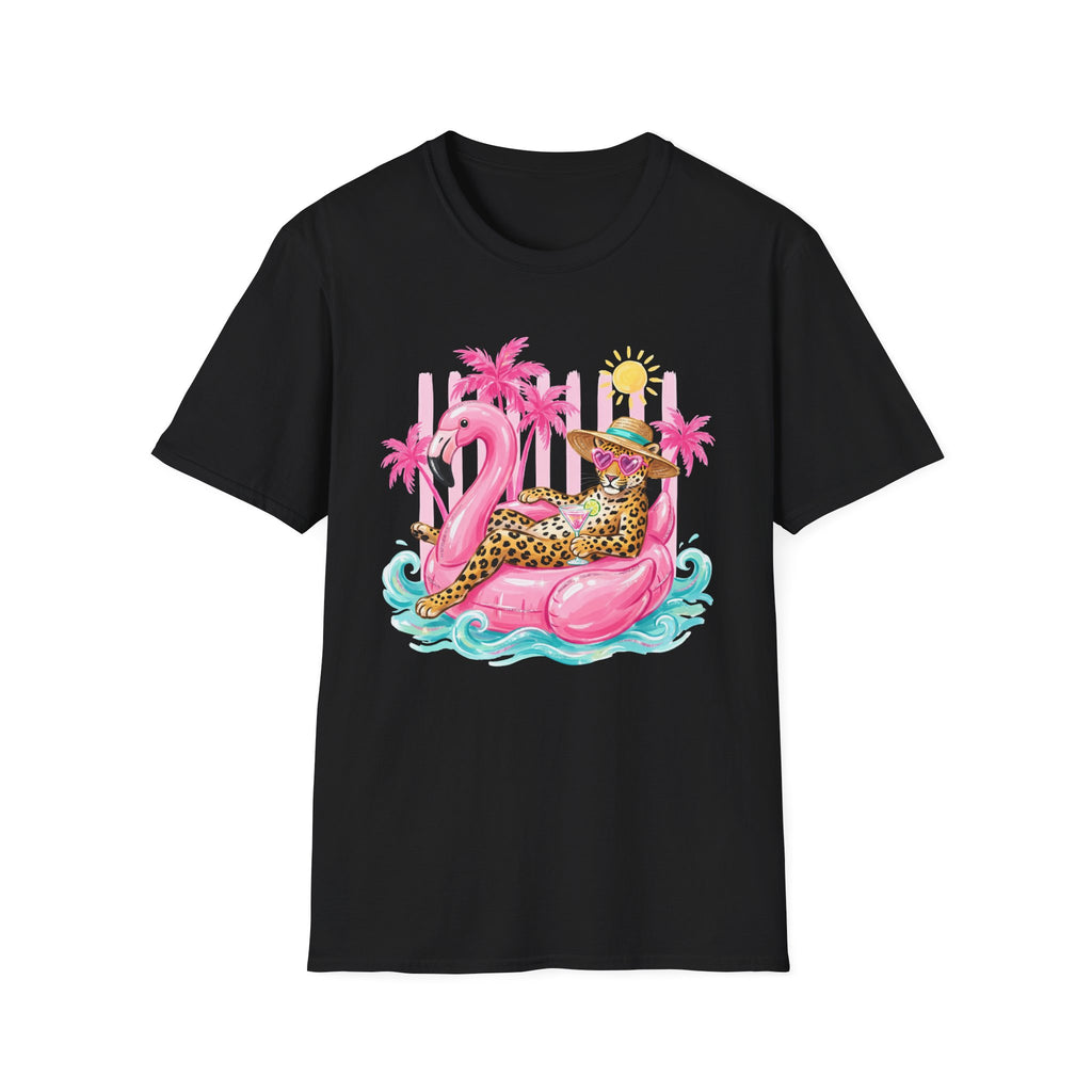 Leopard Cat on Flamingo Float T-Shirt | Tropical Palm Beach Summer Vibes