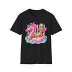 Leopard Cat on Flamingo Float T-Shirt | Tropical Palm Beach Summer Vibes