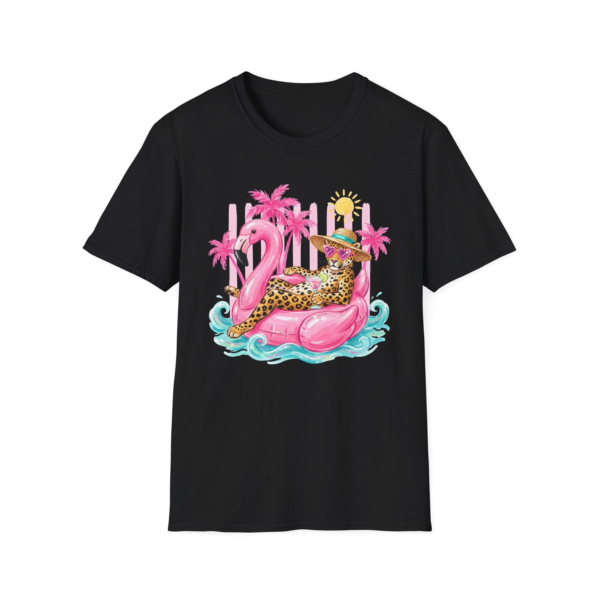 Leopard Cat on Flamingo Float T-Shirt | Tropical Palm Beach Summer Vibes