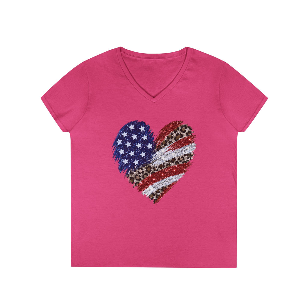 T-shirt Cœur léopard drapeau américain | Tee-shirt patriotique col en V
