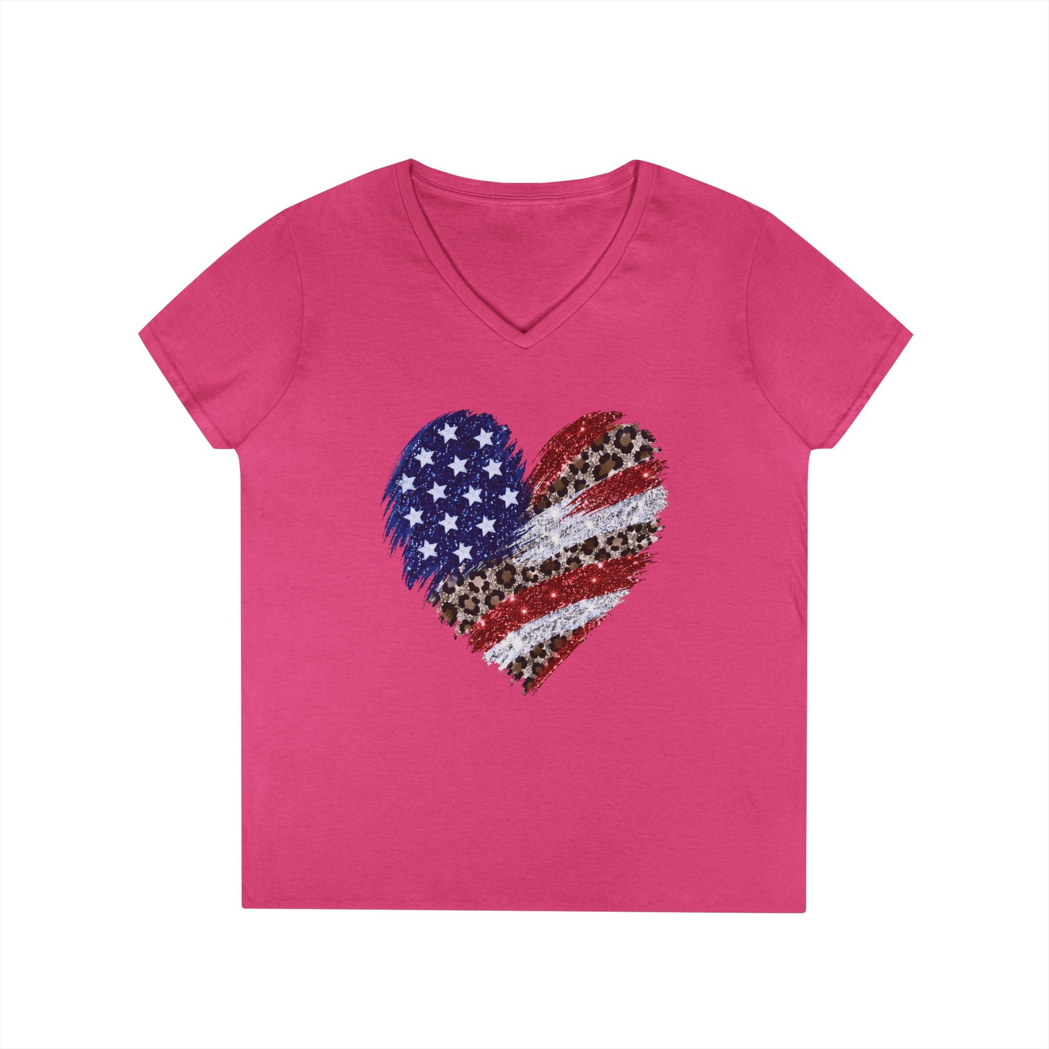 T-shirt Cœur léopard drapeau américain | Tee-shirt patriotique col en V