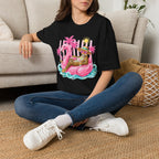 Leopard Cat on Flamingo Float T-Shirt | Tropical Palm Beach Summer Vibes