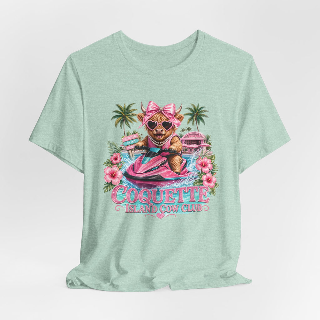 Coquette Island Cow Club T-Shirt | Cute Highland Cow Pink Jet Ski Summer Graphic Tee