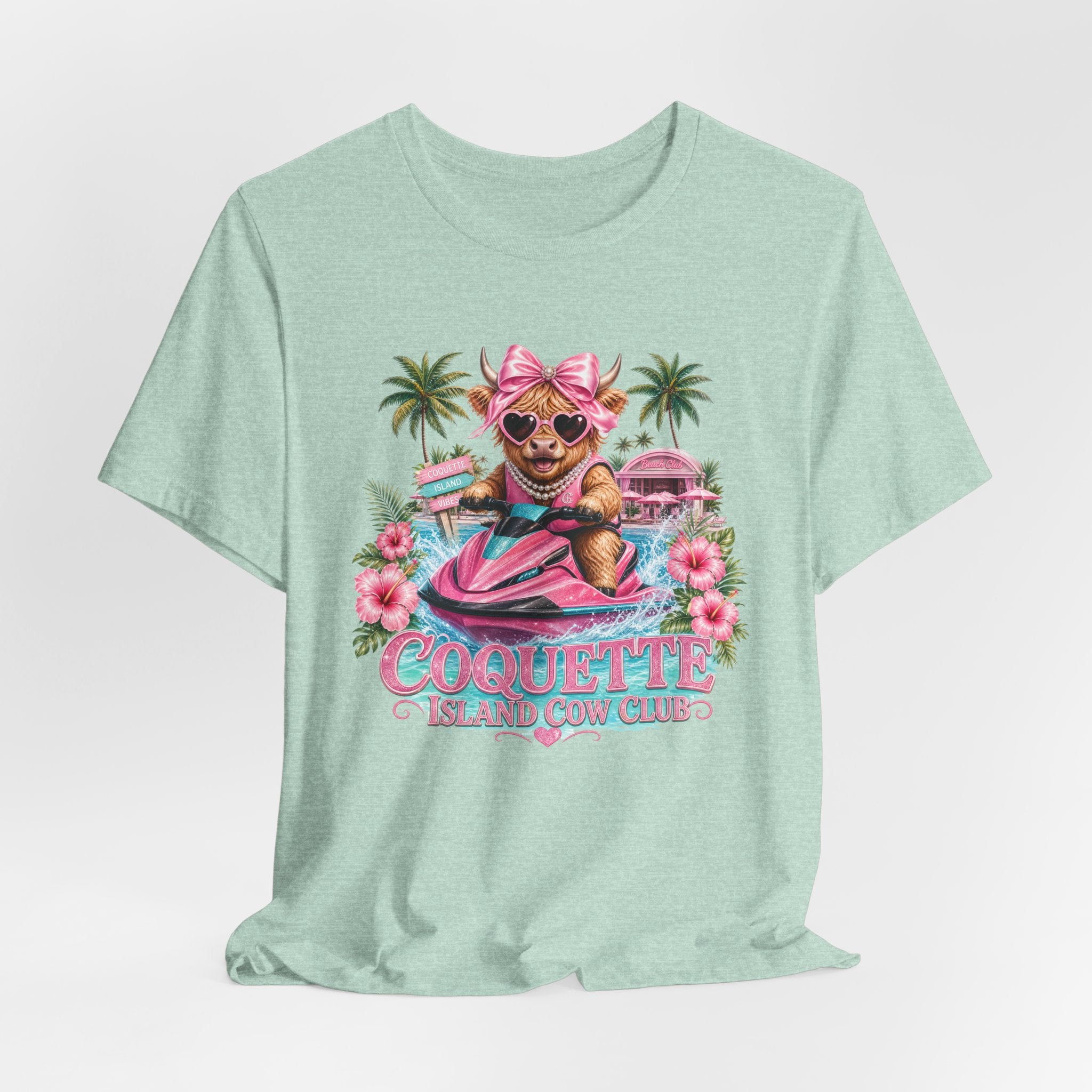 Coquette Island Cow Club T-Shirt | Cute Highland Cow Pink Jet Ski Summer Graphic Tee