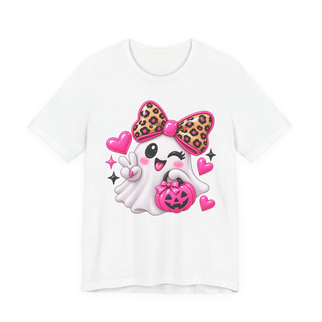 Pink Ghost Halloween T-Shirt with Leopard Bow