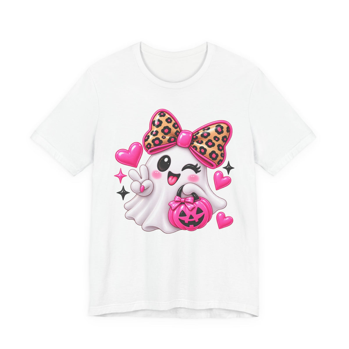 Pink Ghost Halloween T-Shirt with Leopard Bow