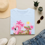 Leopard Cat on Flamingo Float T-Shirt | Tropical Palm Beach Summer Vibes