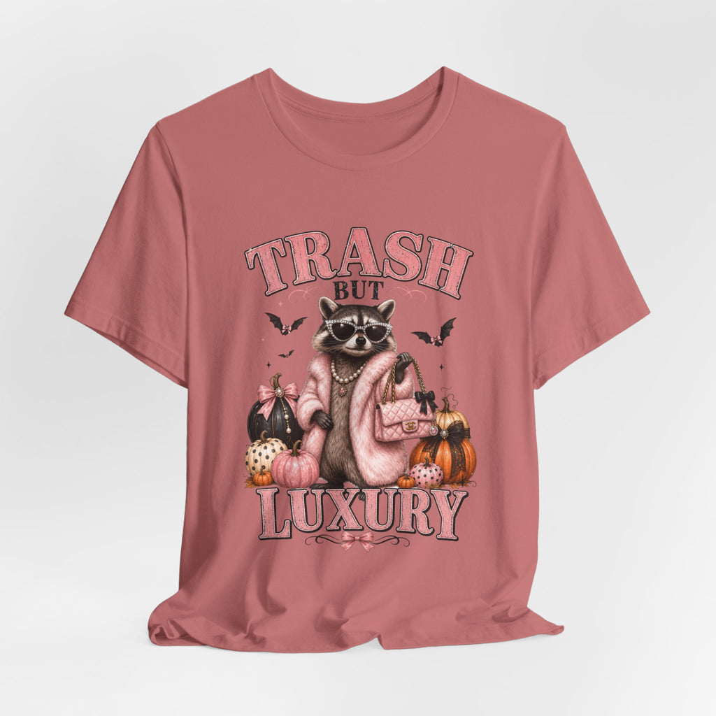 Trash But Luxury Raccoon Tee — Halloween Graphic T-Shirt with Pumpkins & Bats