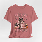 Trash But Luxury Raccoon Tee — Halloween Graphic T-Shirt with Pumpkins & Bats