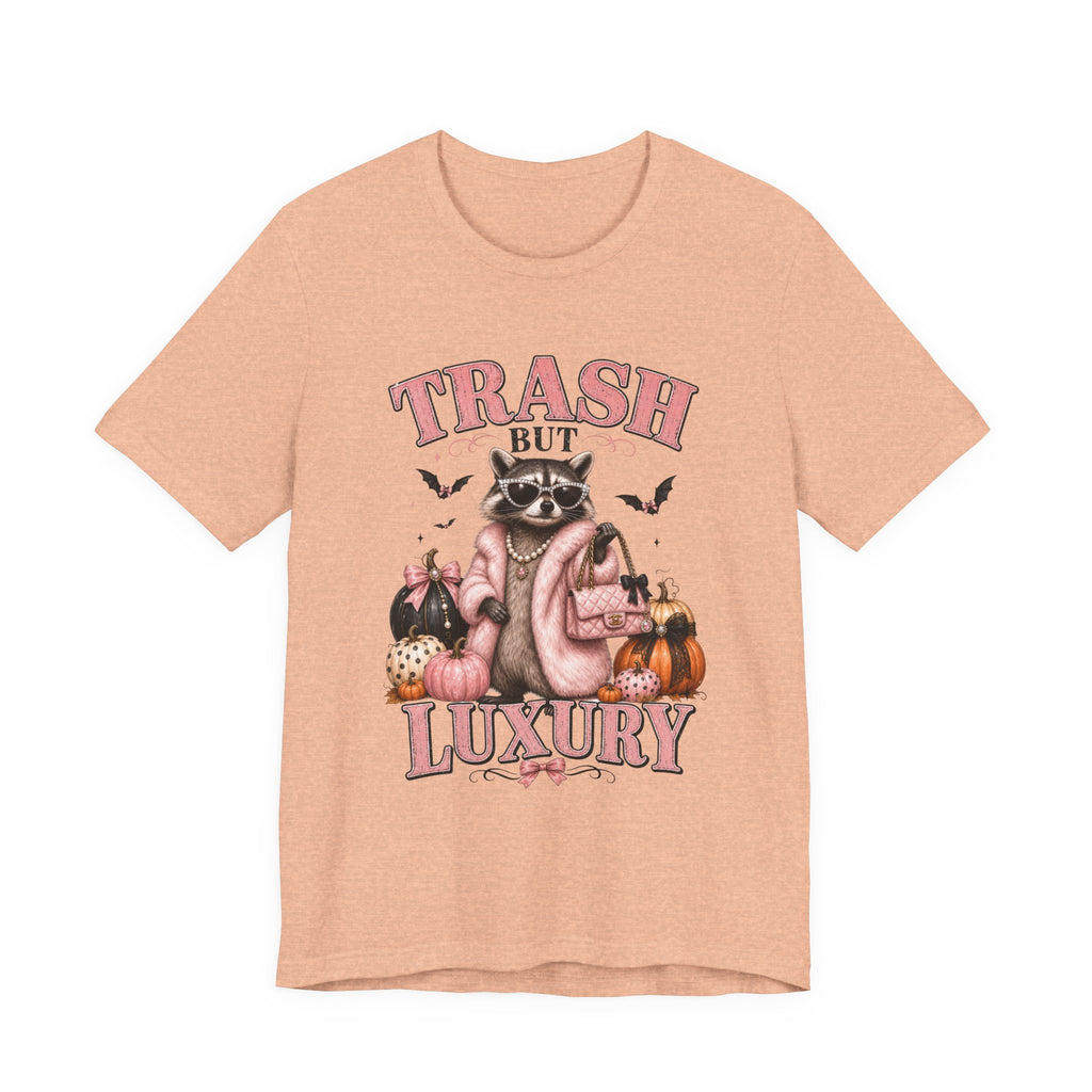 Trash But Luxury Raccoon Tee — Halloween Graphic T-Shirt with Pumpkins & Bats