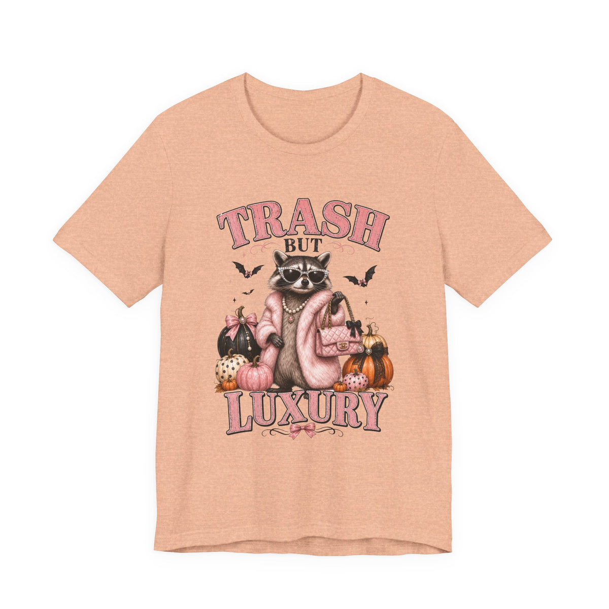 Trash But Luxury Raccoon Tee — Halloween Graphic T-Shirt with Pumpkins & Bats