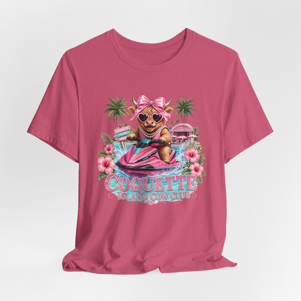 Coquette Island Cow Club T-Shirt | Cute Highland Cow Pink Jet Ski Summer Graphic Tee