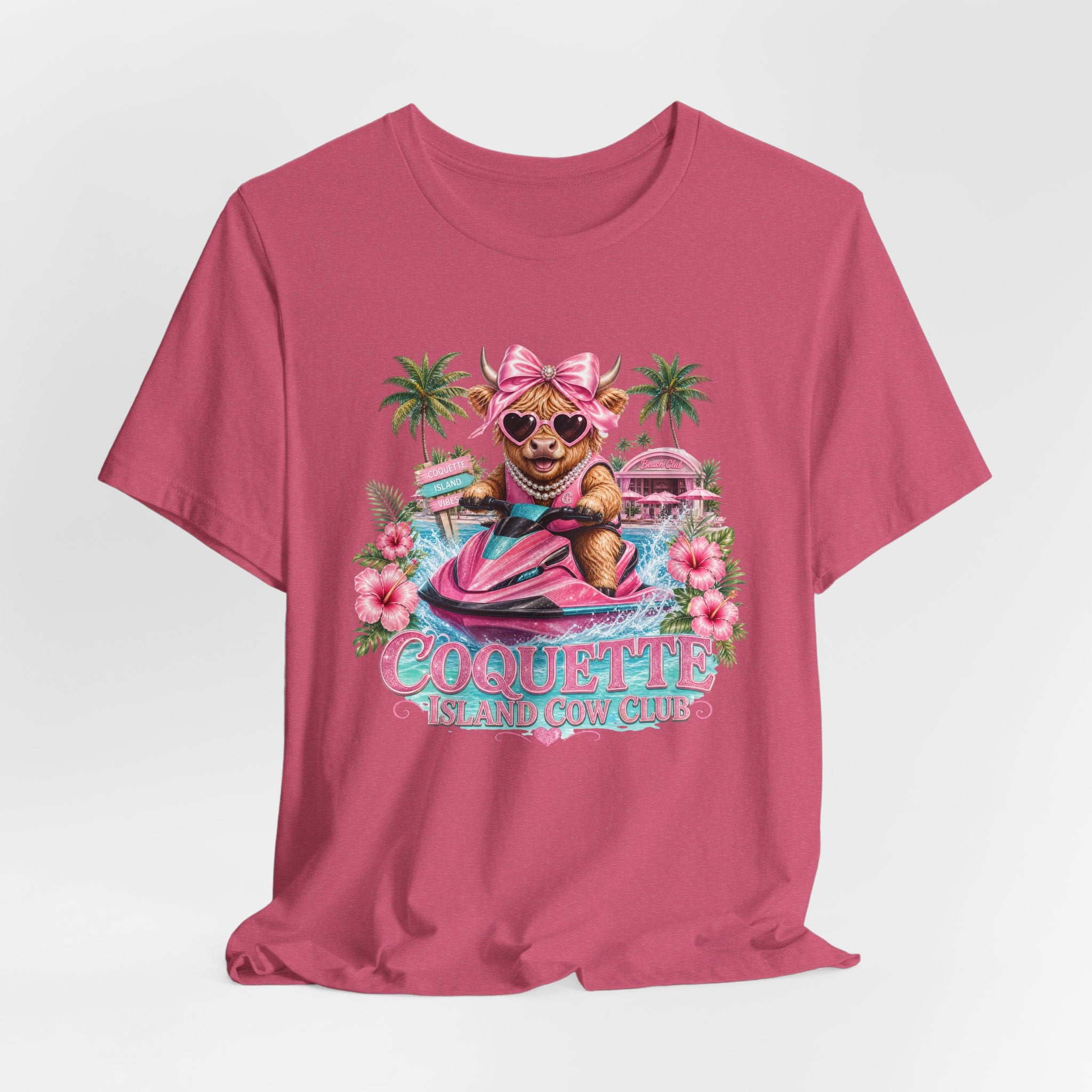 Coquette Island Cow Club T-Shirt | Cute Highland Cow Pink Jet Ski Summer Graphic Tee