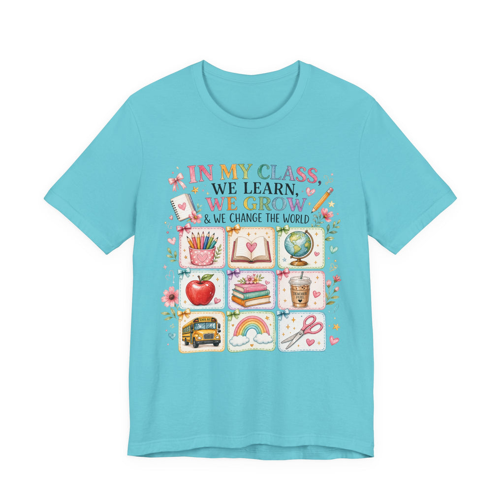 In My Class We Learn We Grow Teacher Illustration T-Shirt | School Icons