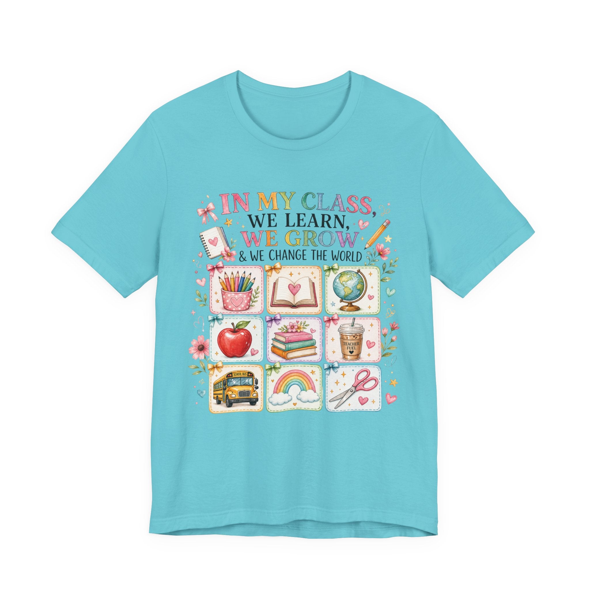 In My Class We Learn We Grow Teacher Illustration T-Shirt | School Icons