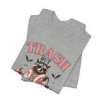 Trash But Luxury Raccoon Tee — Halloween Graphic T-Shirt with Pumpkins & Bats