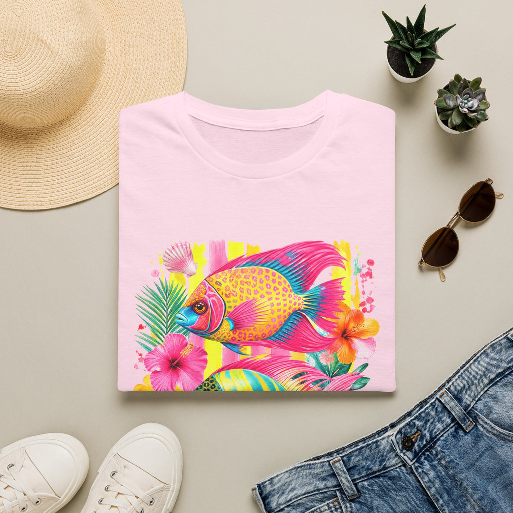 Tropical Colorful Fish T-Shirt | Neon Hibiscus Beach Illustration