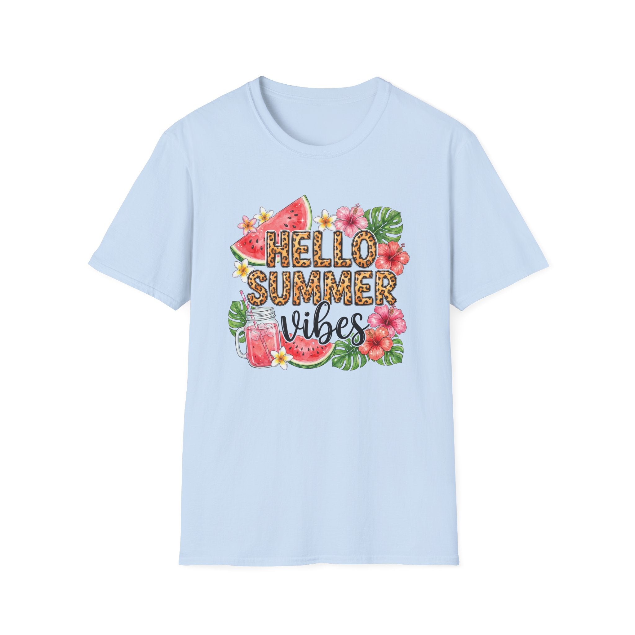 Hello Summer Vibes Watermelon Floral Leopard Print T-Shirt