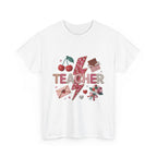 Teacher lightning bolt design T-shirt | cherries, letters, hearts, stationery