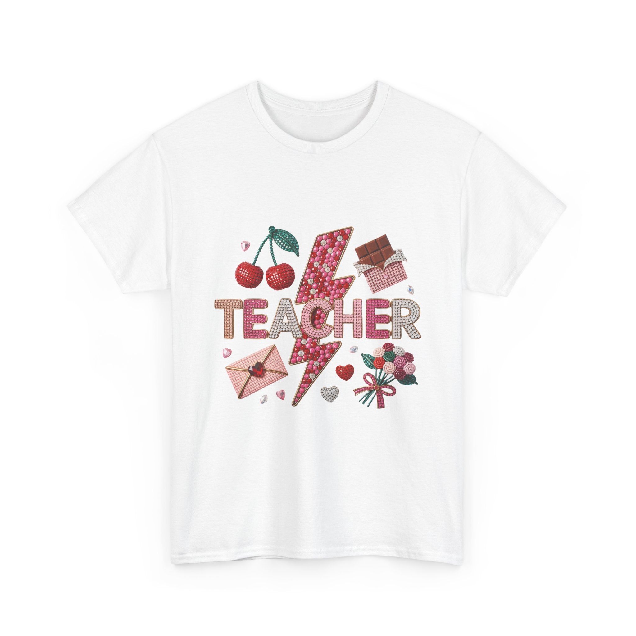 Teacher lightning bolt design T-shirt | cherries, letters, hearts, stationery