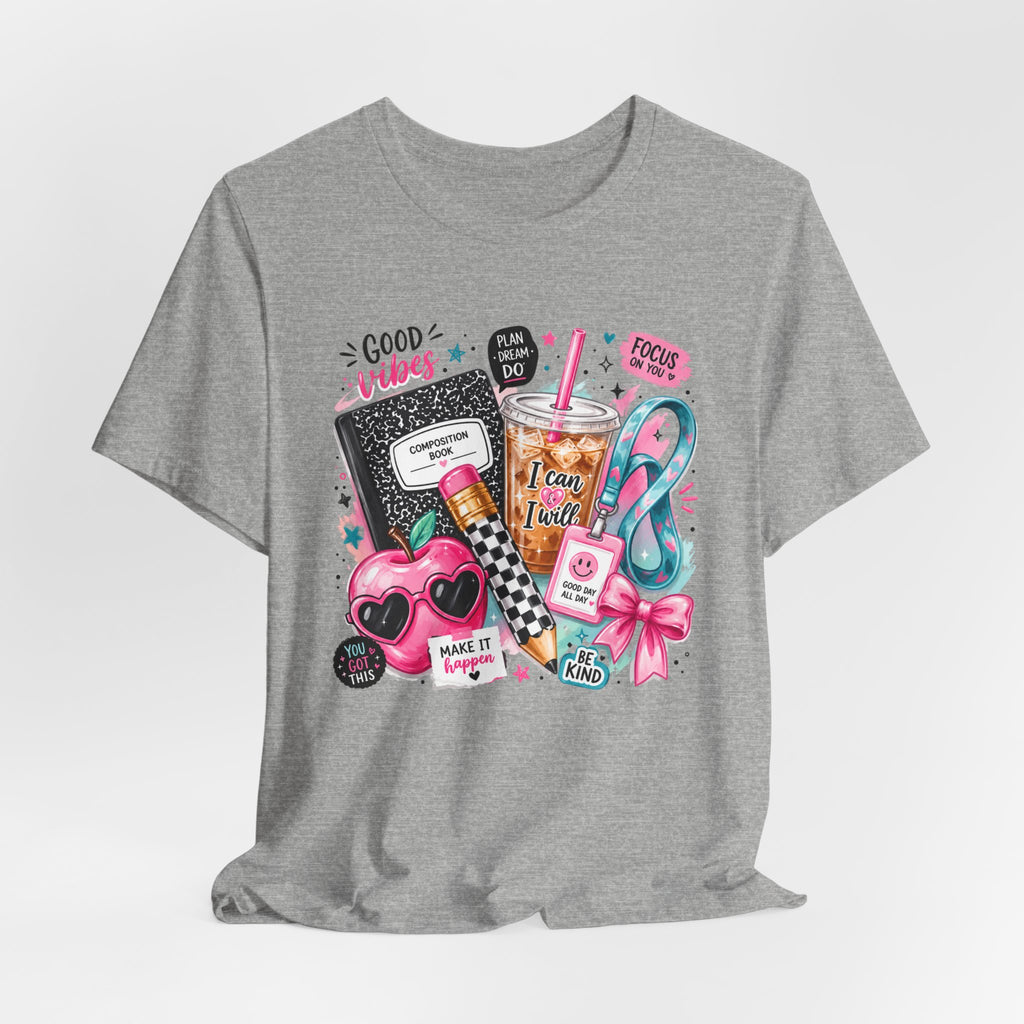 Teacher Good Vibes Cute Pastel Sticker Collage T-Shirt | Coffee, Headphones, Journal | Back to School