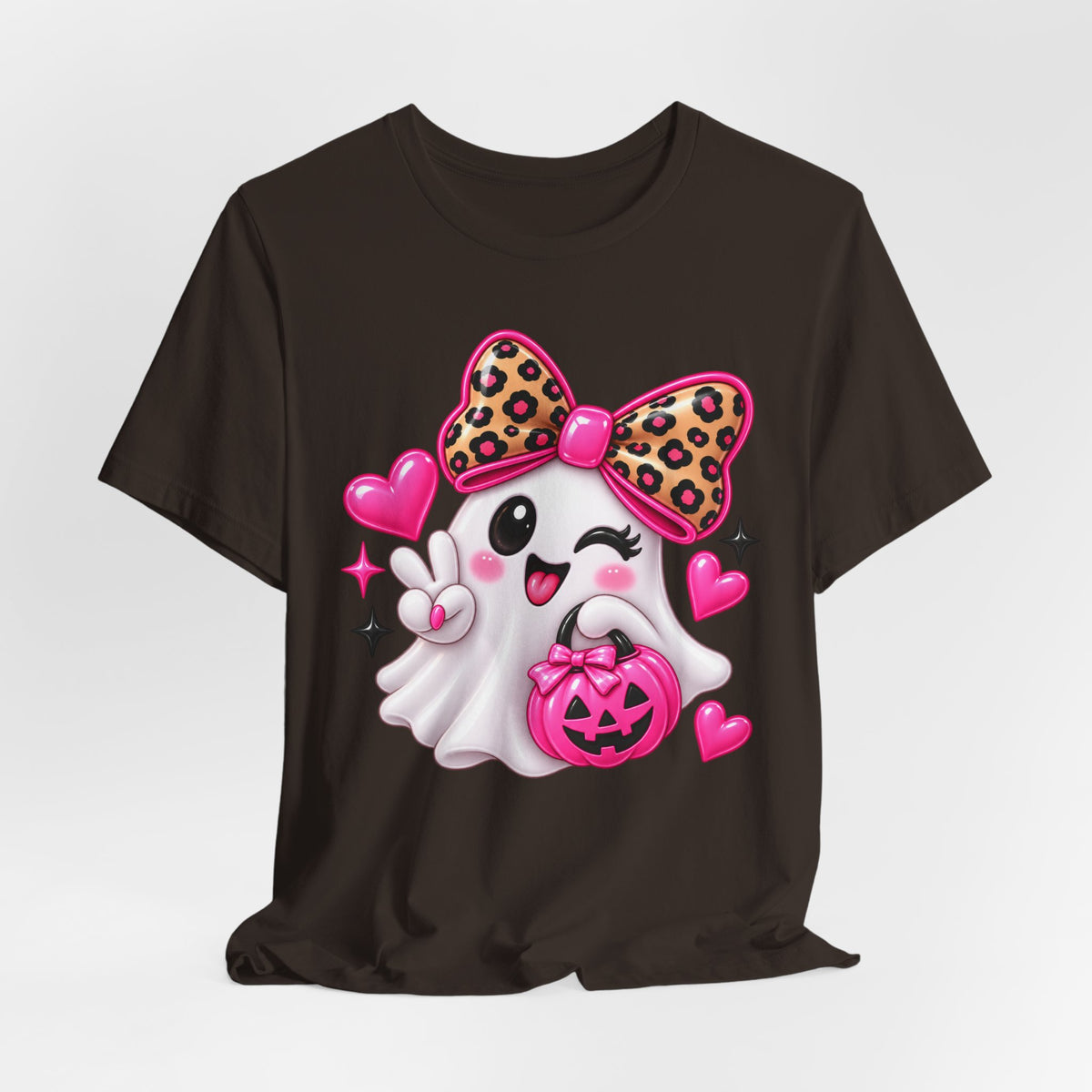 Pink Ghost Halloween T-Shirt with Leopard Bow