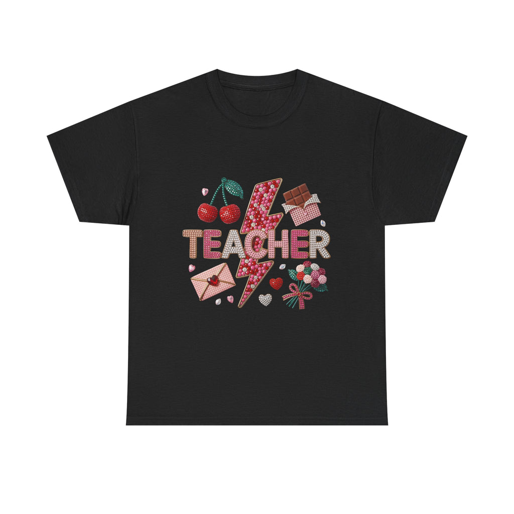 Teacher lightning bolt design T-shirt | cherries, letters, hearts, stationery
