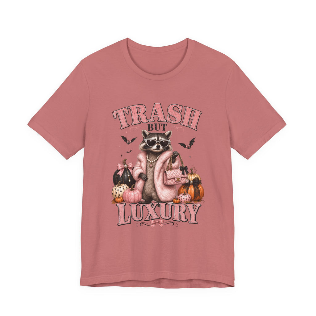 Trash But Luxury Raccoon Tee — Halloween Graphic T-Shirt with Pumpkins & Bats